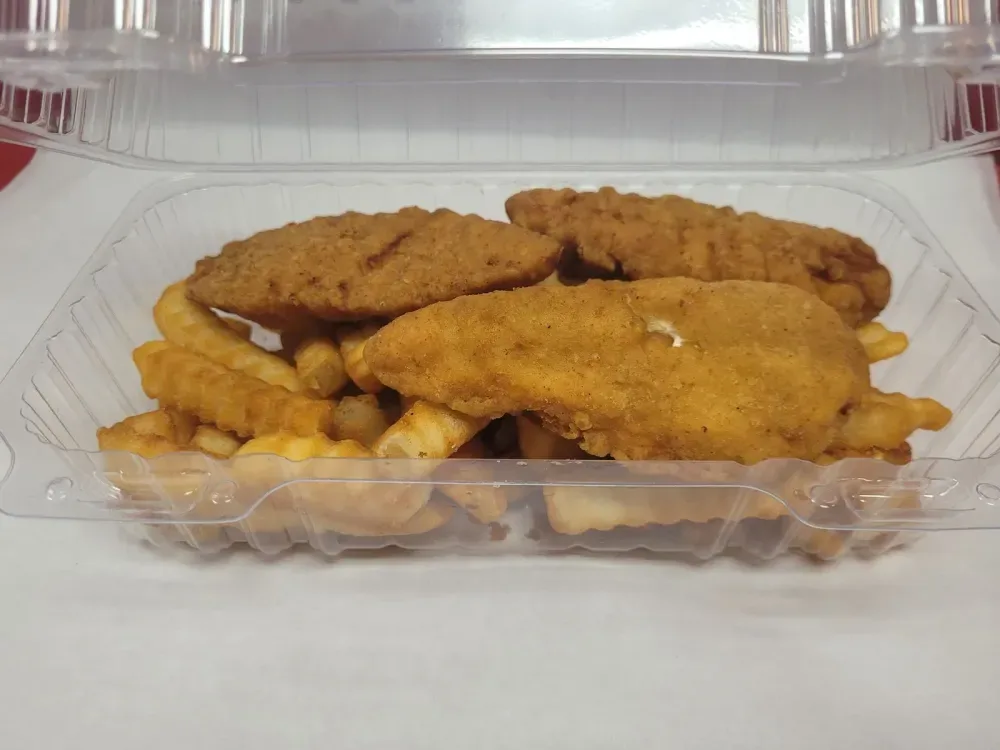 Two chicken tenders with Small crinkle-cut fries